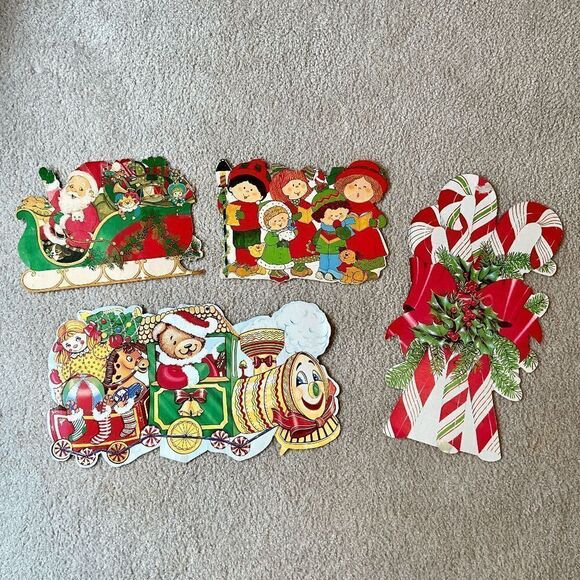 Set of 4 Holiday Christmas Diecuts by Eureka U.S.A. Candy cane Santa/Sleigh Caro - Picture 1 of 13